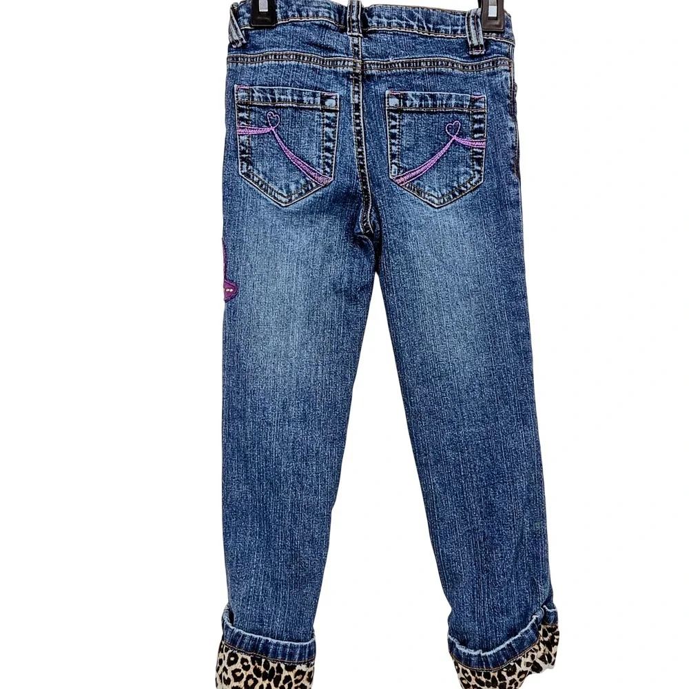 The Childrens Place Girls Blue Jeans Purple Floral Leopard Cuff Size 6‎ Y2K VNTG